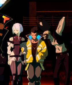 A group of seven cyberpunk mercenaries walking beside one another in Cyberpunk: Edgerunners