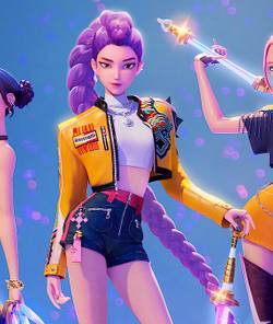 Three women, Zoey, Rumi and Mira, from KPOP Demon Hunters strike a pose with fantasy weapons.